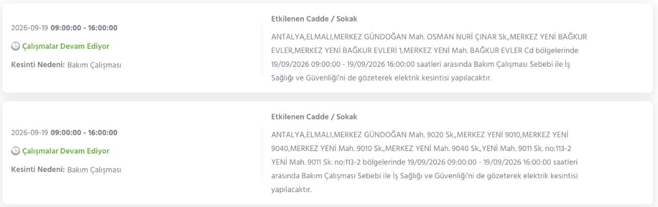 Antalya Elektrik Kesintisi 18-19-20 Eylül AEDAŞ (Kepez, Alanya, Manavgat, Serik, Döşemealtı, Kaş, Korkuteli, Kumluca, Aksu, Elmalı, Kemer, Konyaaltı, Akseki, Finike, Muratpaşa)