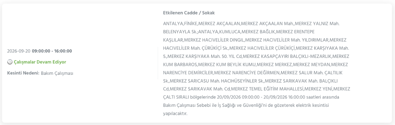 Antalya Elektrik Kesintisi 18-19-20 Eylül AEDAŞ (Kepez, Alanya, Manavgat, Serik, Döşemealtı, Kaş, Korkuteli, Kumluca, Aksu, Elmalı, Kemer, Konyaaltı, Akseki, Finike, Muratpaşa)