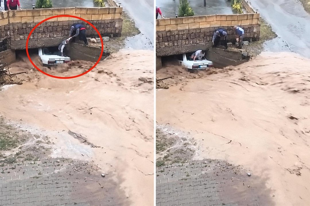 Nevşehir'de selde sürüklenen aracın içindekileri çevredekiler kurtardı