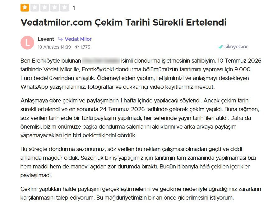 Milor hakkındaki şikayetin görüntüsü