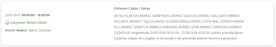 Antalya elektrik kesintisi 21-22-23 Eylül AEDAŞ (Aksu, Alanya, Manavgat, Korkuteli, Muratpaşa, Kepez, Kaş planlı kesinti)