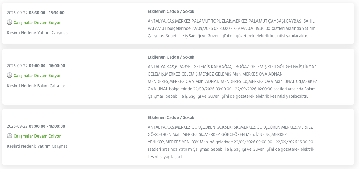 Antalya elektrik kesintisi 21-22-23 Eylül AEDAŞ (Aksu, Alanya, Manavgat, Korkuteli, Muratpaşa, Kepez, Kaş planlı kesinti)