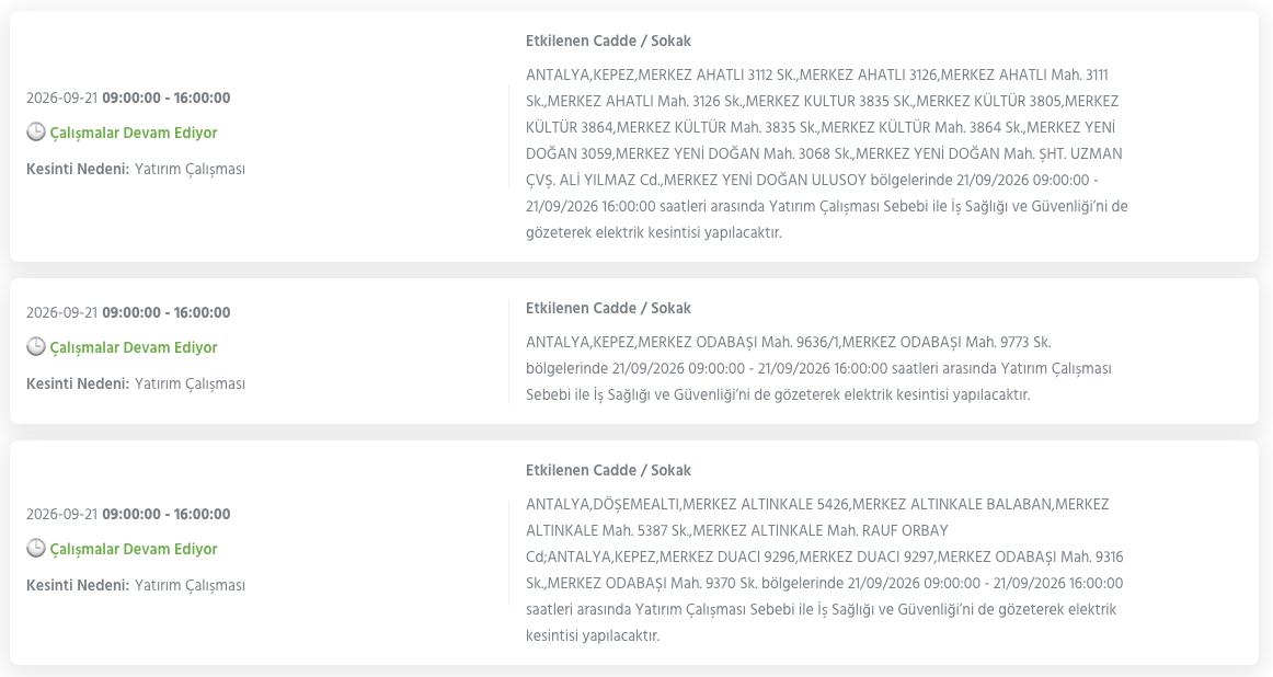 Antalya elektrik kesintisi 21-22-23 Eylül AEDAŞ (Aksu, Alanya, Manavgat, Korkuteli, Muratpaşa, Kepez, Kaş planlı kesinti)