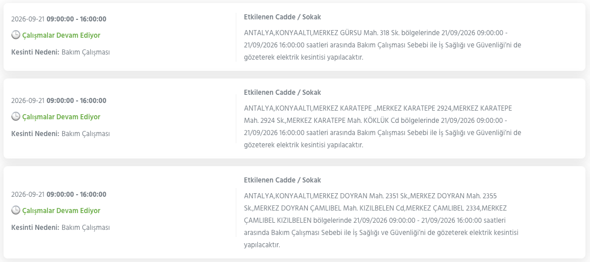 Antalya elektrik kesintisi 21-22-23 Eylül AEDAŞ (Aksu, Alanya, Manavgat, Korkuteli, Muratpaşa, Kepez, Kaş planlı kesinti)