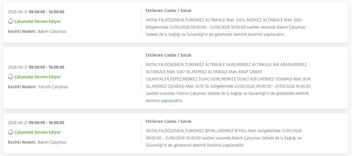 Antalya elektrik kesintisi 21-22-23 Eylül AEDAŞ (Aksu, Alanya, Manavgat, Korkuteli, Muratpaşa, Kepez, Kaş planlı kesinti)