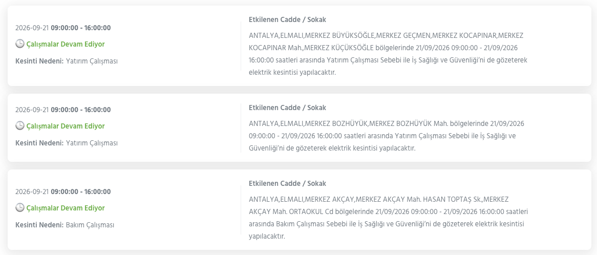 Antalya elektrik kesintisi 21-22-23 Eylül AEDAŞ (Aksu, Alanya, Manavgat, Korkuteli, Muratpaşa, Kepez, Kaş planlı kesinti)
