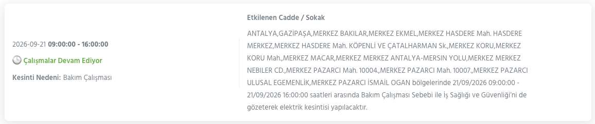 Antalya elektrik kesintisi 21-22-23 Eylül AEDAŞ (Aksu, Alanya, Manavgat, Korkuteli, Muratpaşa, Kepez, Kaş planlı kesinti)