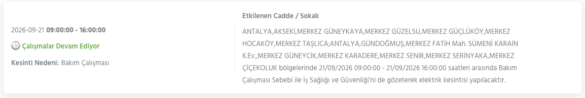 Antalya elektrik kesintisi 21-22-23 Eylül AEDAŞ (Aksu, Alanya, Manavgat, Korkuteli, Muratpaşa, Kepez, Kaş planlı kesinti)