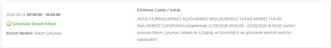 Antalya elektrik kesintisi 21-22-23 Eylül AEDAŞ (Aksu, Alanya, Manavgat, Korkuteli, Muratpaşa, Kepez, Kaş planlı kesinti)