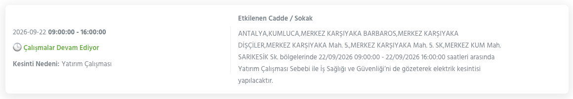 Antalya elektrik kesintisi 21-22-23 Eylül AEDAŞ (Aksu, Alanya, Manavgat, Korkuteli, Muratpaşa, Kepez, Kaş planlı kesinti)