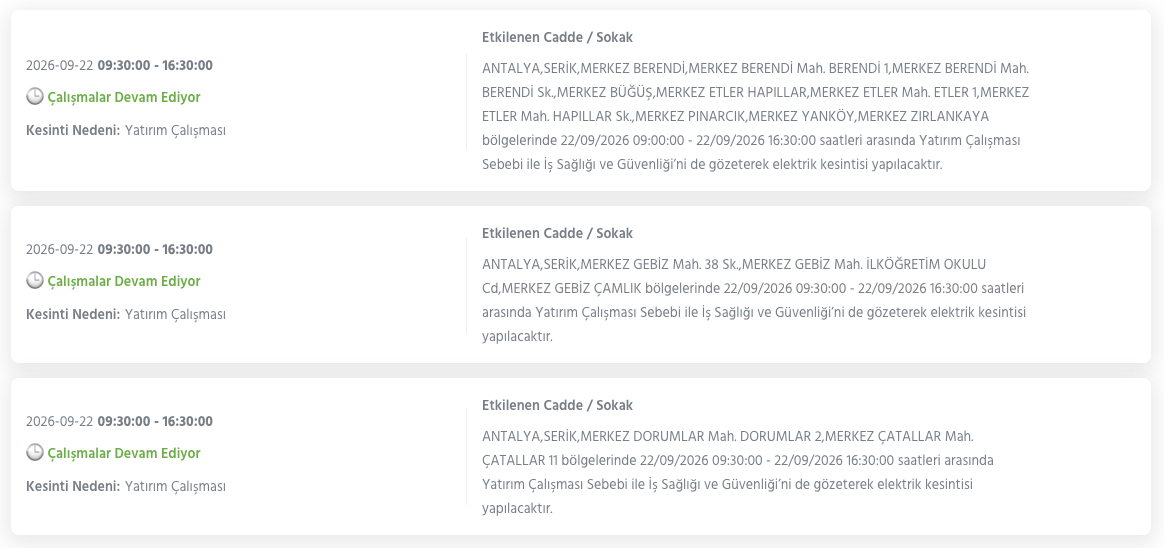 Antalya elektrik kesintisi 21-22-23 Eylül AEDAŞ (Aksu, Alanya, Manavgat, Korkuteli, Muratpaşa, Kepez, Kaş planlı kesinti)