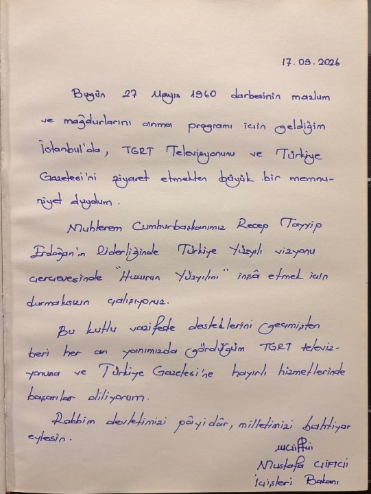 Bakan Çiftçi’nin, Türkiye gazetesi anı defterine yazdığı mesaj