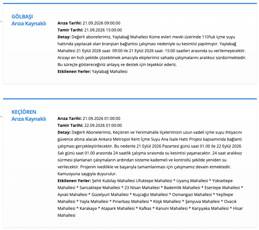 ASKİ Ankara su kesintisi 21-22 Eylül (Gölbaşı, Keçiören, Yenimahalle, Çamlıdere) planlı kesinti