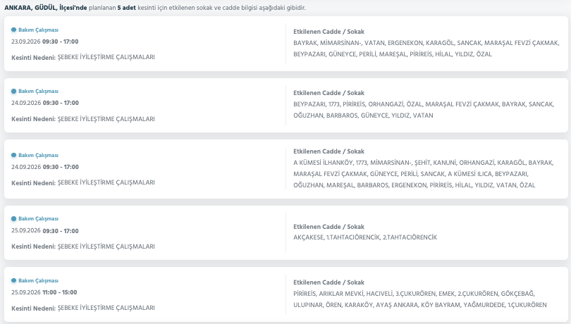 Ankara elektrik kesintisi 23-24-25 Eylül Başkent Elektrik (Etimesgut, Keçiören, Çankaya, Mamak, Çubuk, Bala, Akyurt, Gölbaşı, Altındağ, Beypazarı, Polatlı, Ayaş)