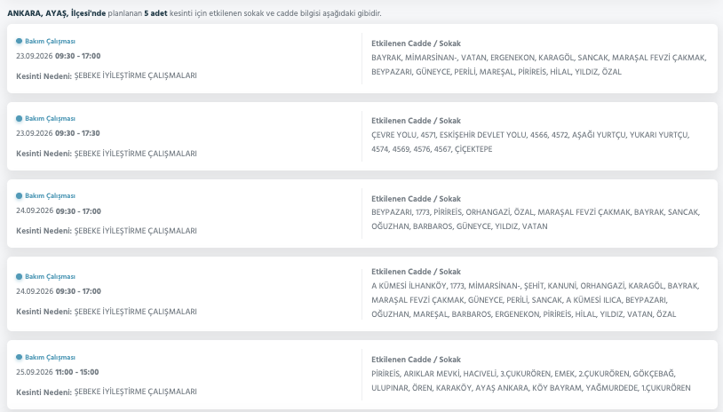 Ankara elektrik kesintisi 23-24-25 Eylül Başkent Elektrik (Etimesgut, Keçiören, Çankaya, Mamak, Çubuk, Bala, Akyurt, Gölbaşı, Altındağ, Beypazarı, Polatlı, Ayaş)