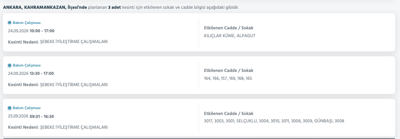 Ankara elektrik kesintisi 23-24-25 Eylül Başkent Elektrik (Etimesgut, Keçiören, Çankaya, Mamak, Çubuk, Bala, Akyurt, Gölbaşı, Altındağ, Beypazarı, Polatlı, Ayaş)