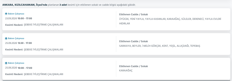 Ankara elektrik kesintisi 23-24-25 Eylül Başkent Elektrik (Etimesgut, Keçiören, Çankaya, Mamak, Çubuk, Bala, Akyurt, Gölbaşı, Altındağ, Beypazarı, Polatlı, Ayaş)