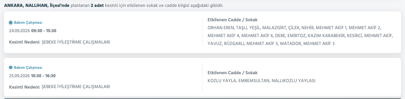 Ankara elektrik kesintisi 23-24-25 Eylül Başkent Elektrik (Etimesgut, Keçiören, Çankaya, Mamak, Çubuk, Bala, Akyurt, Gölbaşı, Altındağ, Beypazarı, Polatlı, Ayaş)