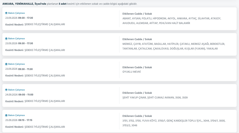Ankara elektrik kesintisi 23-24-25 Eylül Başkent Elektrik (Etimesgut, Keçiören, Çankaya, Mamak, Çubuk, Bala, Akyurt, Gölbaşı, Altındağ, Beypazarı, Polatlı, Ayaş)