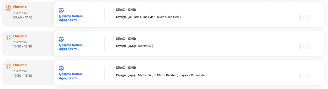 İzmir elektrik kesintisi 23-24-25 Eylül GDZ Elektrik (Bayındır, Tire, Ödemiş, Seferihisar, Aliağa, Çeşme, Kınık, Urla, Bornova, Buca, Dikili, Kiraz, Karşıyaka)