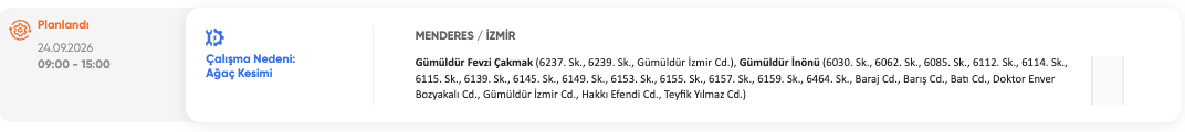 İzmir elektrik kesintisi 23-24-25 Eylül GDZ Elektrik (Bayındır, Tire, Ödemiş, Seferihisar, Aliağa, Çeşme, Kınık, Urla, Bornova, Buca, Dikili, Kiraz, Karşıyaka)