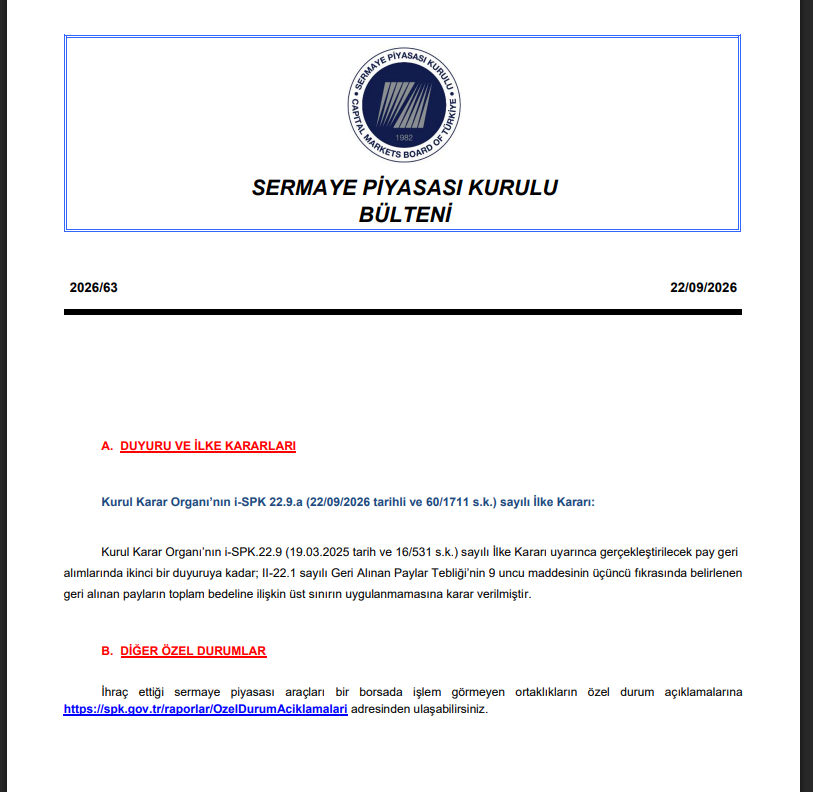 SPK açıkladı: Hisse pay geri alımlarında üst sınır kaldırıldı