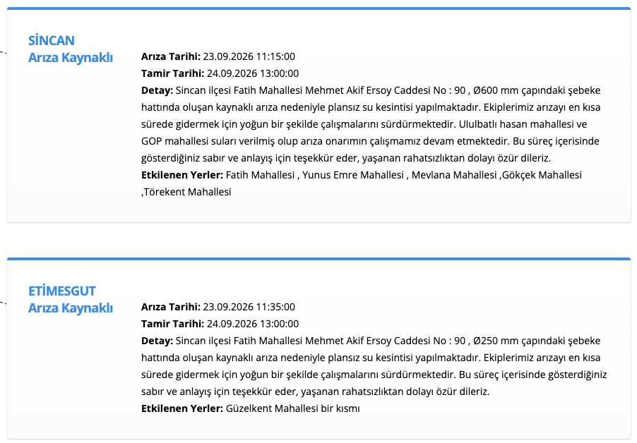 ASKİ su kesintisi 24 Eylül Perşembe! Ankarada sular ne zaman, saat kaçta gelecek?