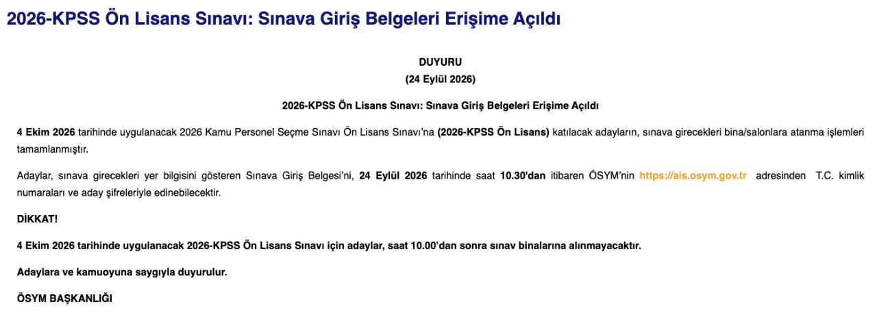 KPSS Ön Lisans sınav giriş belgeleri açıklandı! 2026 KPSS Ön Lisans sınav yerleri ve tarihi sorgulama ekranı