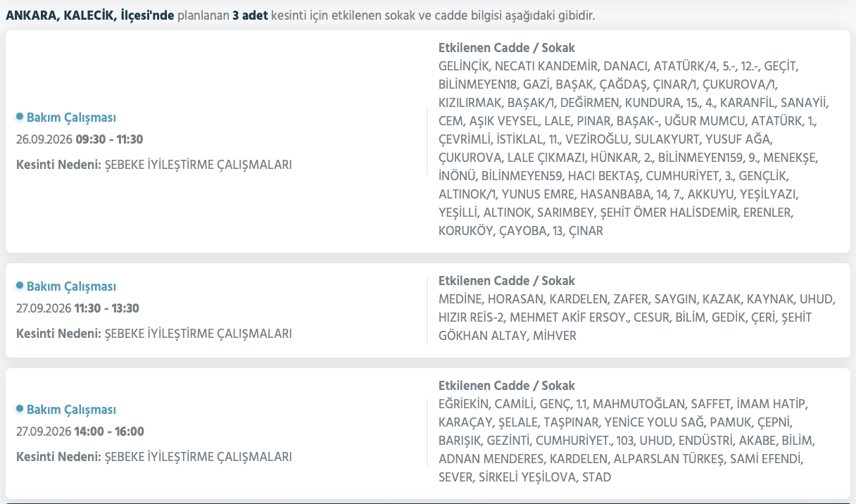 Ankara elektrik kesintisi 26-27 Eylül (Etimesgut, Çubuk, Akyurt, Çankaya, Mamak, Pursaklar, Sincan, Bala, Gölbaşı, Kalecik planlı kesinti Başkent EDAŞ)