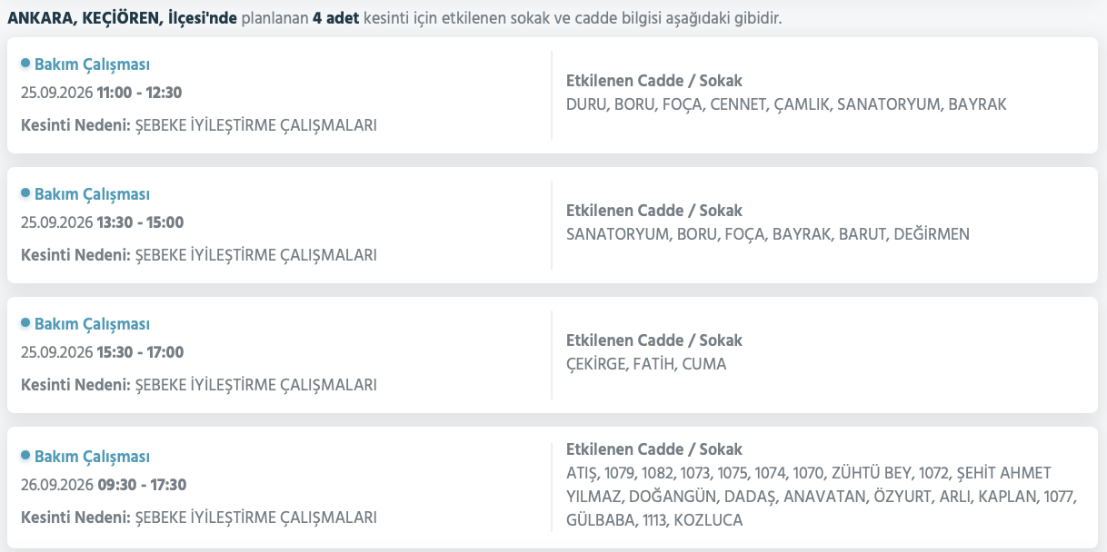 Ankara elektrik kesintisi 26-27 Eylül (Etimesgut, Çubuk, Akyurt, Çankaya, Mamak, Pursaklar, Sincan, Bala, Gölbaşı, Kalecik planlı kesinti Başkent EDAŞ)