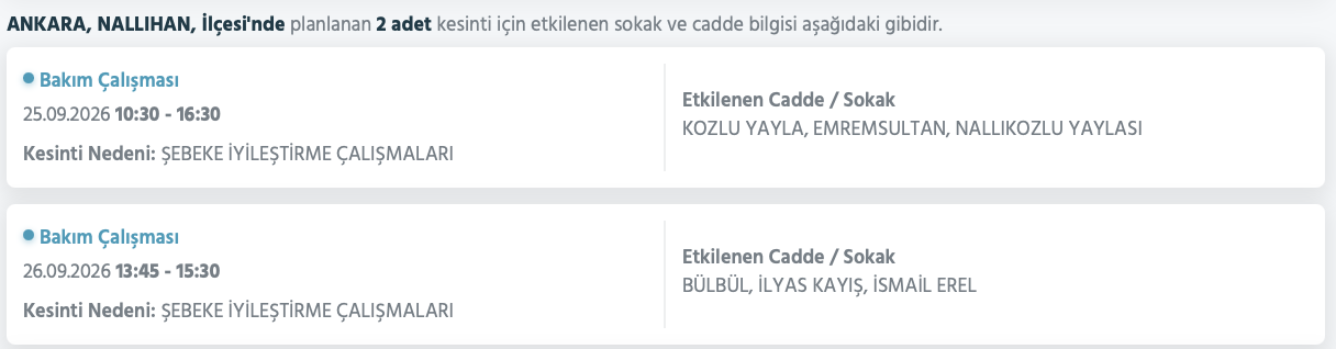 Ankara elektrik kesintisi 26-27 Eylül (Etimesgut, Çubuk, Akyurt, Çankaya, Mamak, Pursaklar, Sincan, Bala, Gölbaşı, Kalecik planlı kesinti Başkent EDAŞ)
