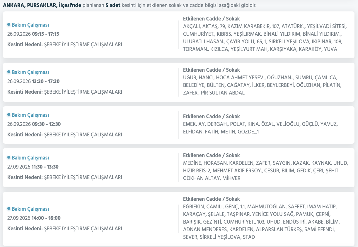 Ankara elektrik kesintisi 26-27 Eylül (Etimesgut, Çubuk, Akyurt, Çankaya, Mamak, Pursaklar, Sincan, Bala, Gölbaşı, Kalecik planlı kesinti Başkent EDAŞ)