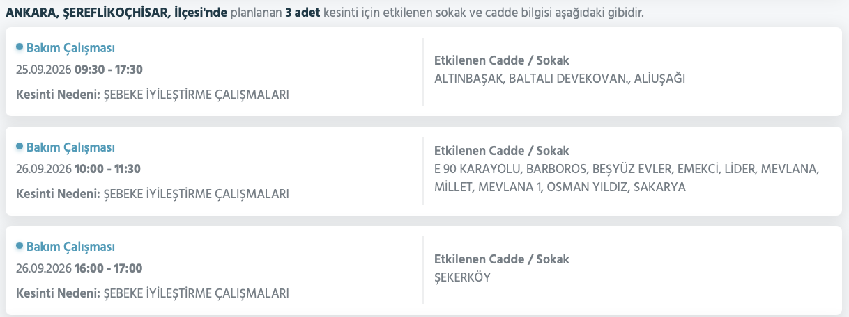 Ankara elektrik kesintisi 26-27 Eylül (Etimesgut, Çubuk, Akyurt, Çankaya, Mamak, Pursaklar, Sincan, Bala, Gölbaşı, Kalecik planlı kesinti Başkent EDAŞ)