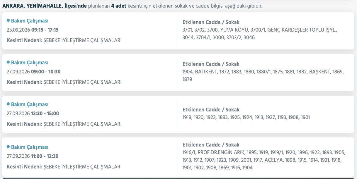Ankara elektrik kesintisi 26-27 Eylül (Etimesgut, Çubuk, Akyurt, Çankaya, Mamak, Pursaklar, Sincan, Bala, Gölbaşı, Kalecik planlı kesinti Başkent EDAŞ)