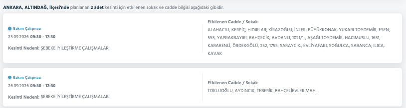 Ankara elektrik kesintisi 26-27 Eylül (Etimesgut, Çubuk, Akyurt, Çankaya, Mamak, Pursaklar, Sincan, Bala, Gölbaşı, Kalecik planlı kesinti Başkent EDAŞ)