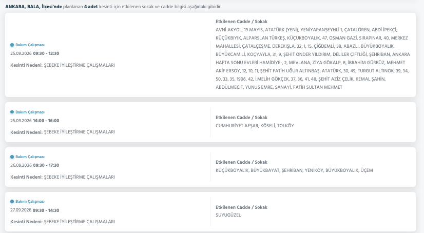 Ankara elektrik kesintisi 26-27 Eylül (Etimesgut, Çubuk, Akyurt, Çankaya, Mamak, Pursaklar, Sincan, Bala, Gölbaşı, Kalecik planlı kesinti Başkent EDAŞ)
