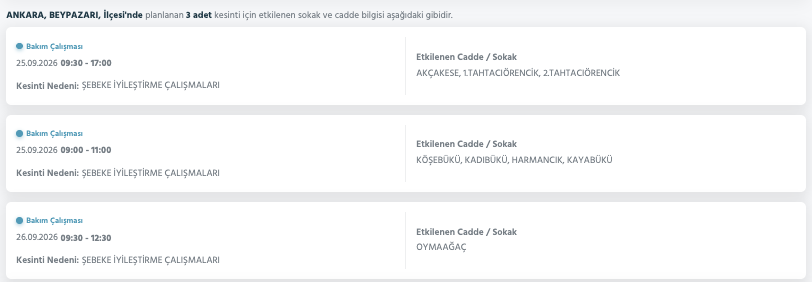 Ankara elektrik kesintisi 26-27 Eylül (Etimesgut, Çubuk, Akyurt, Çankaya, Mamak, Pursaklar, Sincan, Bala, Gölbaşı, Kalecik planlı kesinti Başkent EDAŞ)