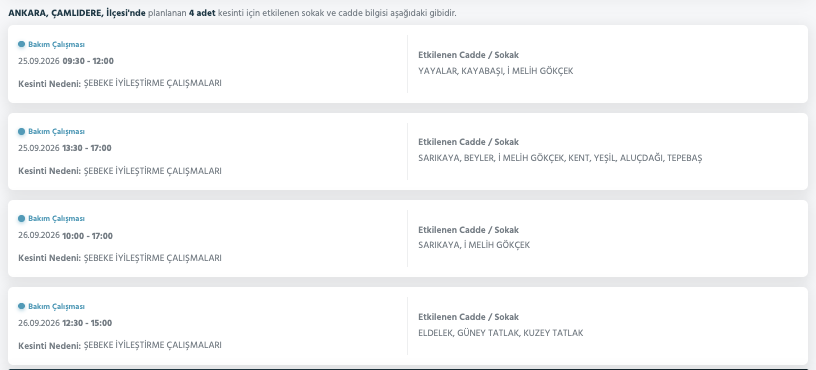 Ankara elektrik kesintisi 26-27 Eylül (Etimesgut, Çubuk, Akyurt, Çankaya, Mamak, Pursaklar, Sincan, Bala, Gölbaşı, Kalecik planlı kesinti Başkent EDAŞ)