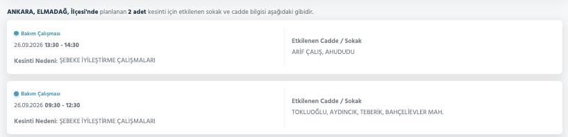 Ankara elektrik kesintisi 26-27 Eylül (Etimesgut, Çubuk, Akyurt, Çankaya, Mamak, Pursaklar, Sincan, Bala, Gölbaşı, Kalecik planlı kesinti Başkent EDAŞ)