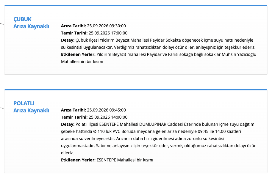 ASKİ su kesintisi 25 Eylül! Ankara (Yenimahalle, Polatlı, Gölbaşı, Çubuk, Altındağ) planlı su kesintisi