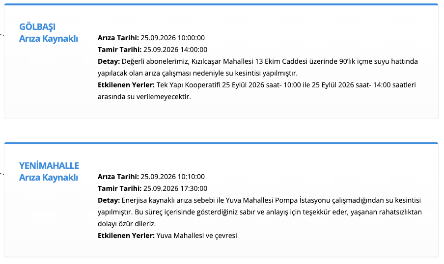 ASKİ su kesintisi 25 Eylül! Ankara (Yenimahalle, Polatlı, Gölbaşı, Çubuk, Altındağ) planlı su kesintisi