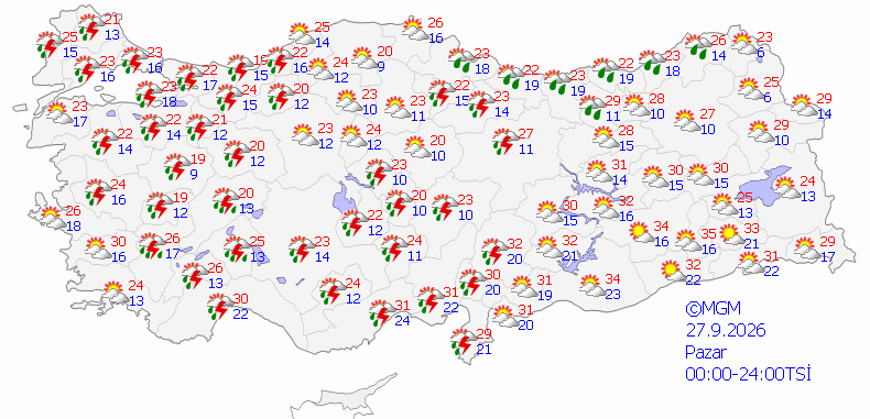 27 Eylül 2026 MGM hava durumu tahmin haritası