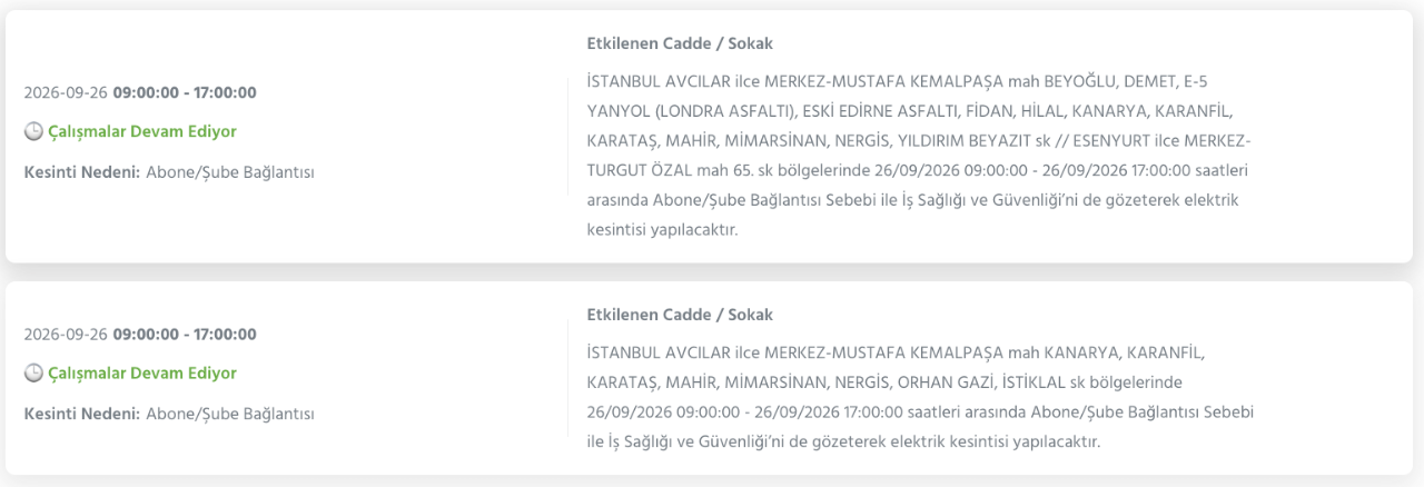 İstanbul elektrik kesintisi 26-27-28 Eylül BEDAŞ (Arnavutköy, Beyoğlu, Güngören, Sarıyer, Bağcılar, Esenyurt, Avcılar, Küçükçekmece, Bayrampaşa, Silivri, Şişli, Sultangazi, Bahçelievler)