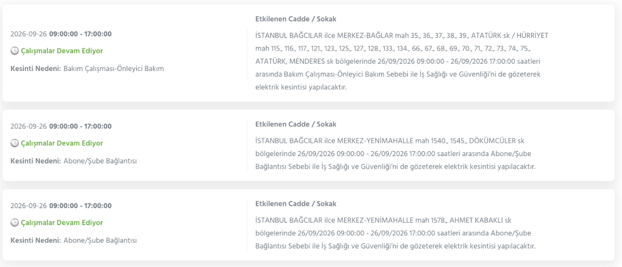 İstanbul elektrik kesintisi 26-27-28 Eylül BEDAŞ (Arnavutköy, Beyoğlu, Güngören, Sarıyer, Bağcılar, Esenyurt, Avcılar, Küçükçekmece, Bayrampaşa, Silivri, Şişli, Sultangazi, Bahçelievler)