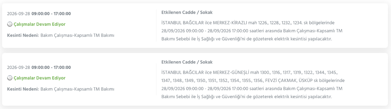 İstanbul elektrik kesintisi 26-27-28 Eylül BEDAŞ (Arnavutköy, Beyoğlu, Güngören, Sarıyer, Bağcılar, Esenyurt, Avcılar, Küçükçekmece, Bayrampaşa, Silivri, Şişli, Sultangazi, Bahçelievler)
