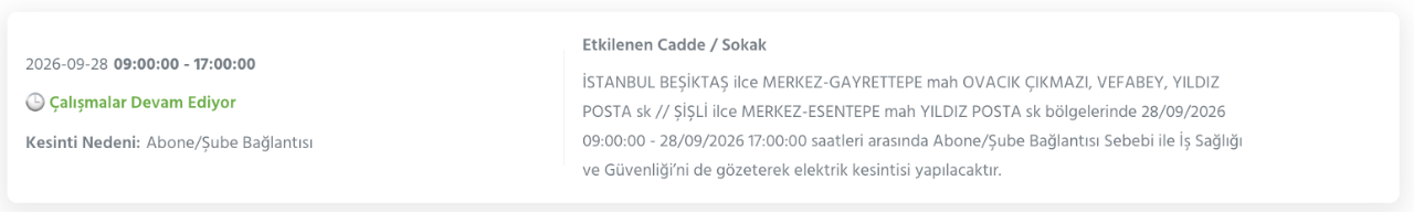 İstanbul elektrik kesintisi 26-27-28 Eylül BEDAŞ (Arnavutköy, Beyoğlu, Güngören, Sarıyer, Bağcılar, Esenyurt, Avcılar, Küçükçekmece, Bayrampaşa, Silivri, Şişli, Sultangazi, Bahçelievler)