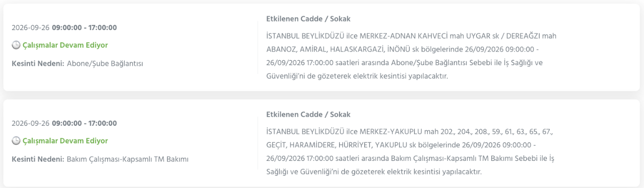 İstanbul elektrik kesintisi 26-27-28 Eylül BEDAŞ (Arnavutköy, Beyoğlu, Güngören, Sarıyer, Bağcılar, Esenyurt, Avcılar, Küçükçekmece, Bayrampaşa, Silivri, Şişli, Sultangazi, Bahçelievler)