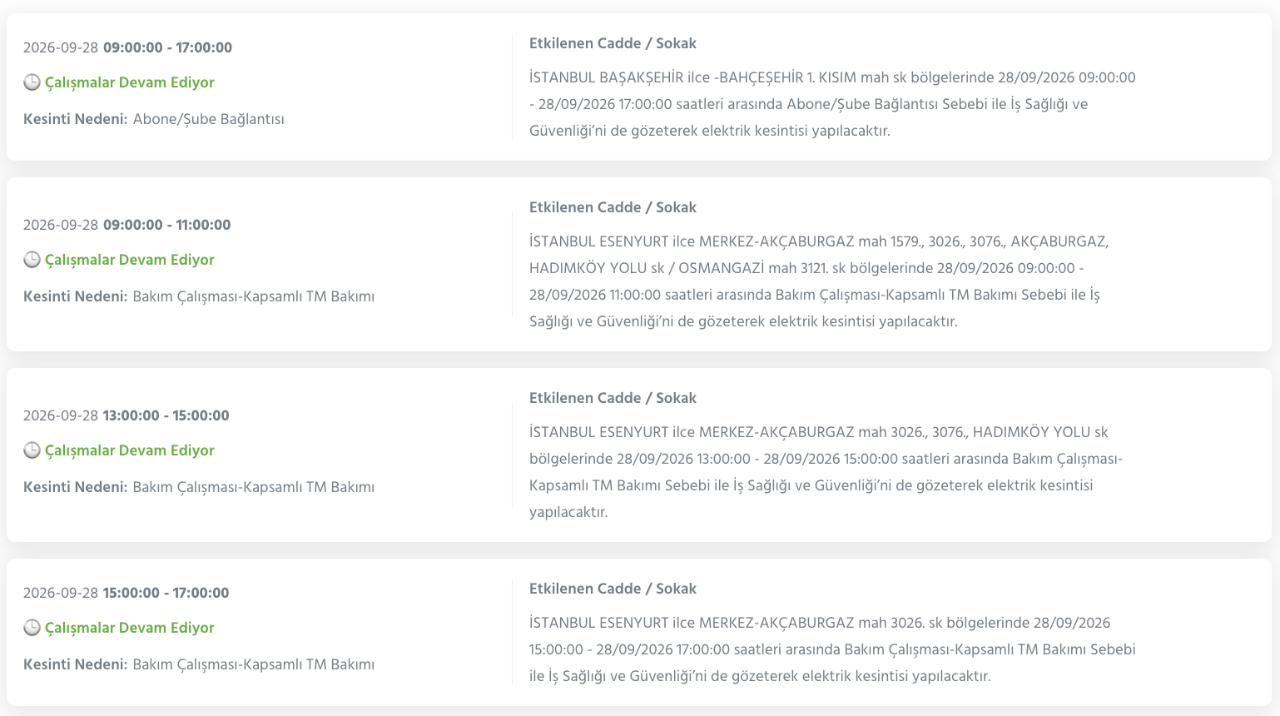 İstanbul elektrik kesintisi 26-27-28 Eylül BEDAŞ (Arnavutköy, Beyoğlu, Güngören, Sarıyer, Bağcılar, Esenyurt, Avcılar, Küçükçekmece, Bayrampaşa, Silivri, Şişli, Sultangazi, Bahçelievler)
