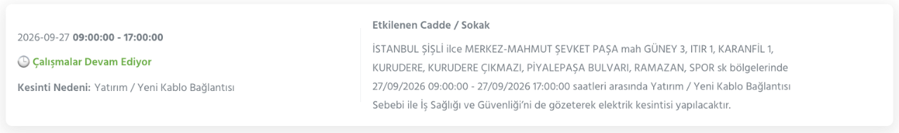 İstanbul elektrik kesintisi 26-27-28 Eylül BEDAŞ (Arnavutköy, Beyoğlu, Güngören, Sarıyer, Bağcılar, Esenyurt, Avcılar, Küçükçekmece, Bayrampaşa, Silivri, Şişli, Sultangazi, Bahçelievler)