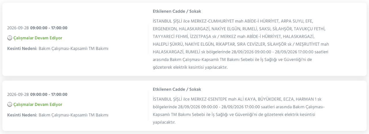İstanbul elektrik kesintisi 26-27-28 Eylül BEDAŞ (Arnavutköy, Beyoğlu, Güngören, Sarıyer, Bağcılar, Esenyurt, Avcılar, Küçükçekmece, Bayrampaşa, Silivri, Şişli, Sultangazi, Bahçelievler)